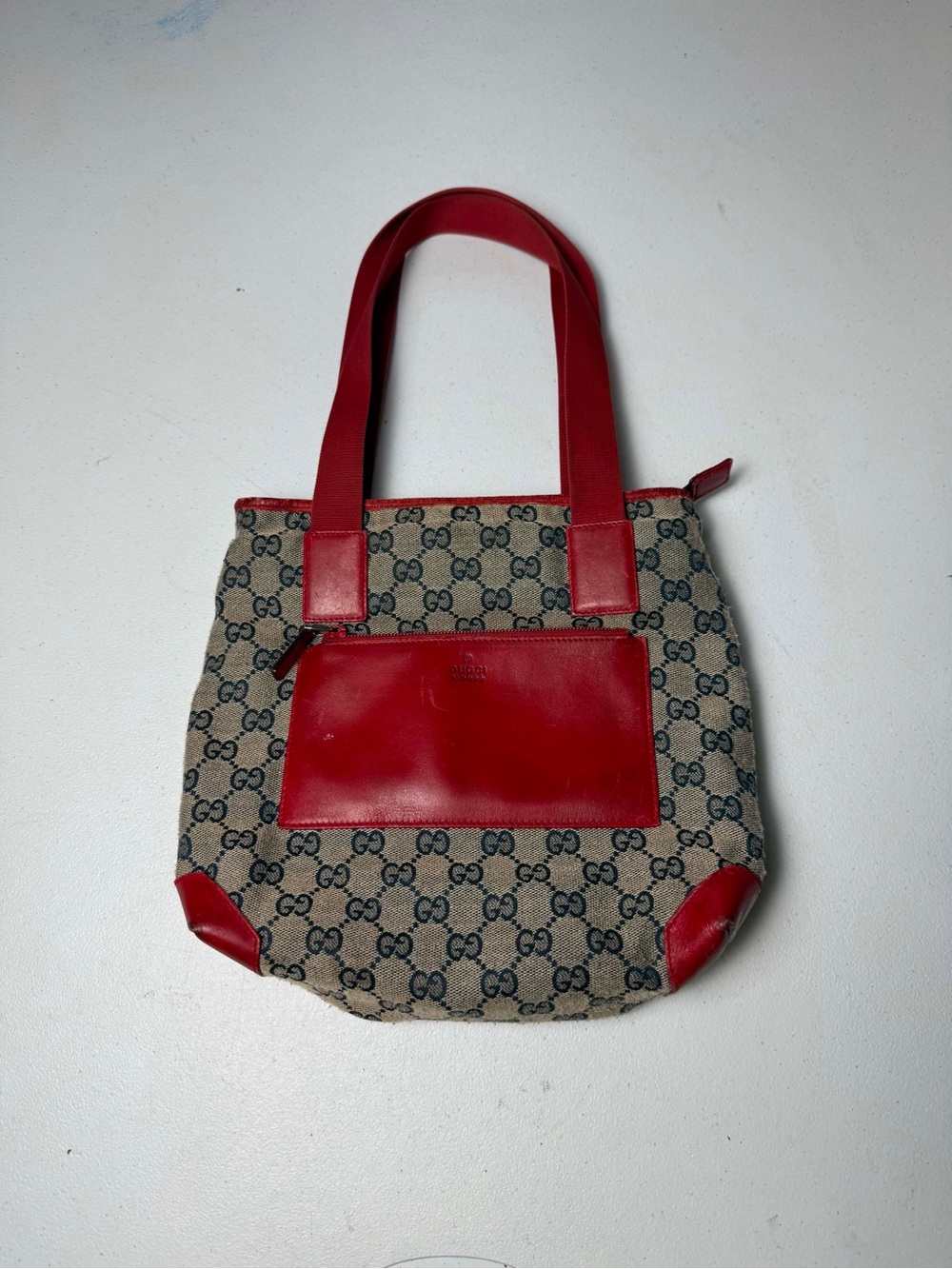 Gucci Donna Tote Bag GG Monogram Red Brown Canvas Leather Authentic